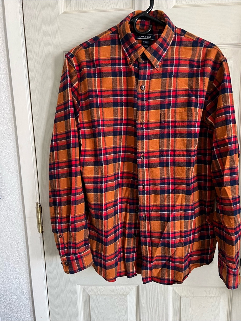 Lands' End Men's Orange and Red Autumn/FallPlaid Button-Down Shirt M
